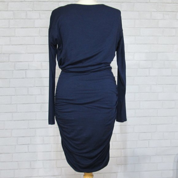 Athleta Solstice Navy Cowl Neck Wool Blend Ruched Dress - Picture 3 of 4